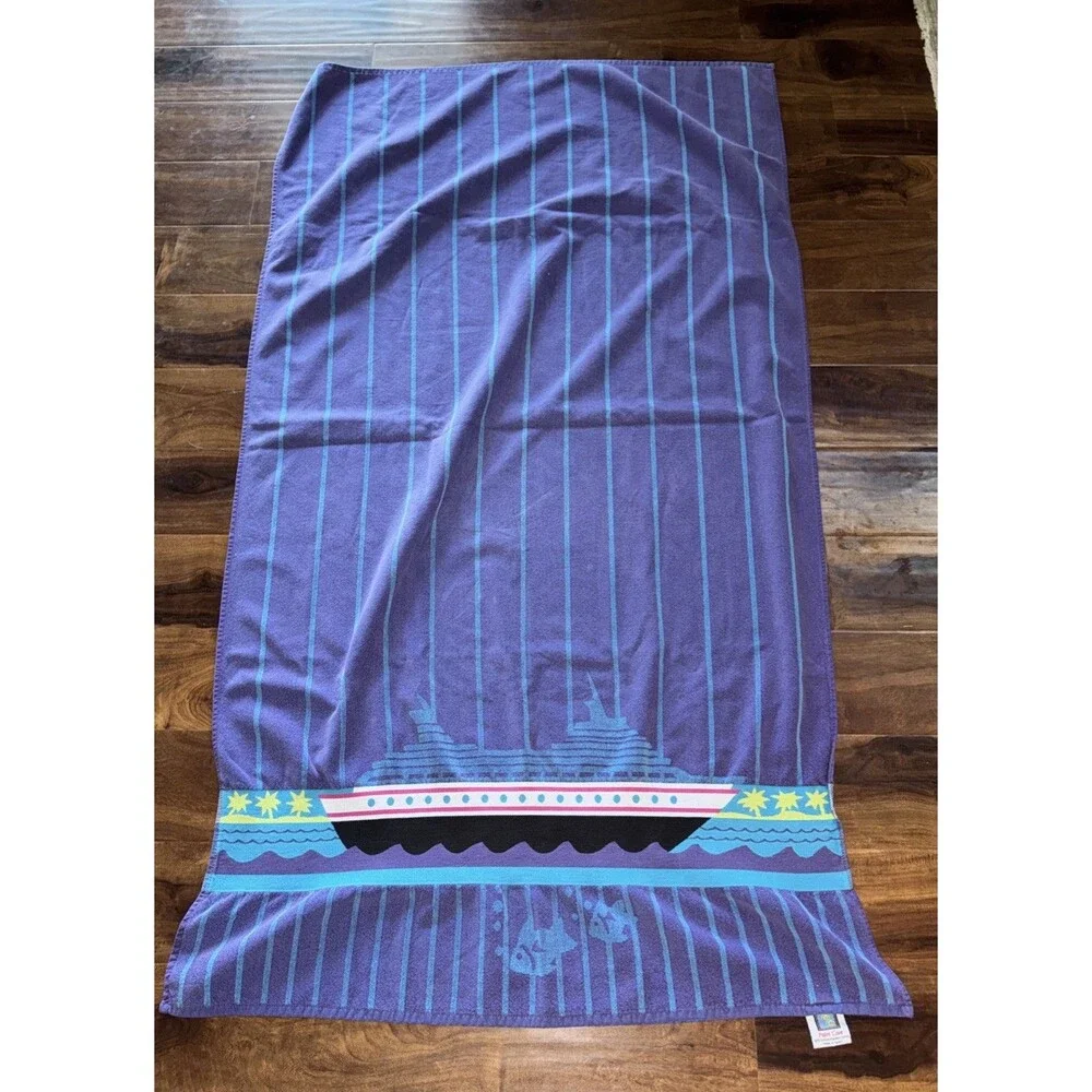 VTG 90s Beach Pool Towel Boats Nautical Colorful Cruise Ship Cotton Palm Cove